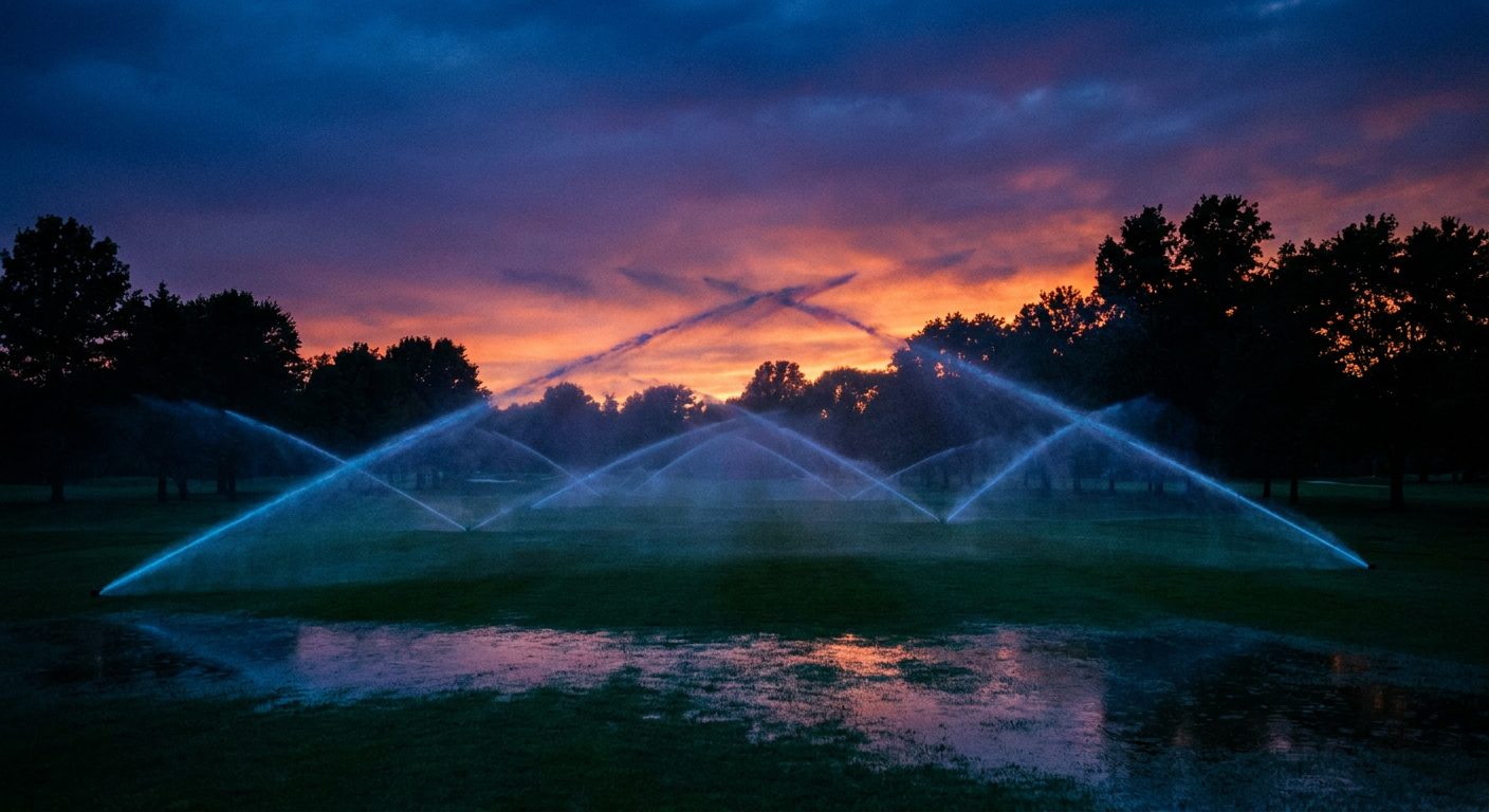 Custom irrigation system watering a Tampa, FL landscape at dusk